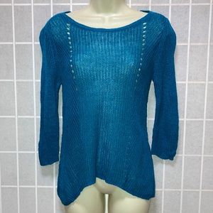 EILEEN FISHER Turquoise Blue Sheer Knit Top Spring Sweater PS/PP